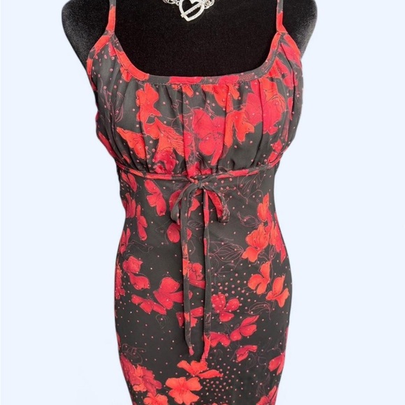 Younique floral mesh midi dress red black rhinestone tie front size S Y2K - Picture 3 of 7